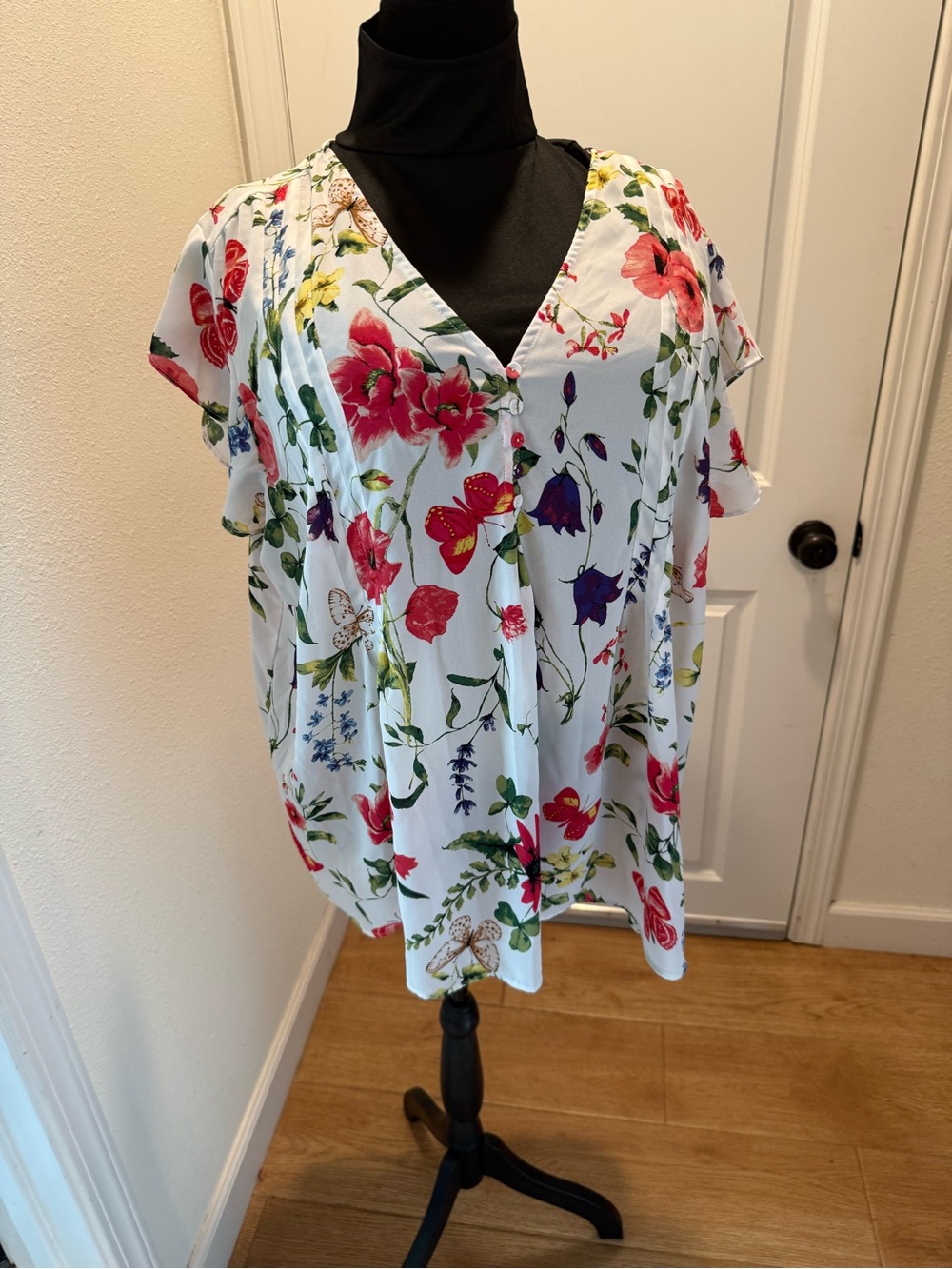 Floral V-Neck Women's Top - White with Multicolor Floral Print